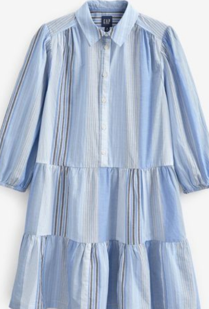 GAP Womens Boho Tiered Striped Collared Puff SleevesElastic at Wrist Midi Dress